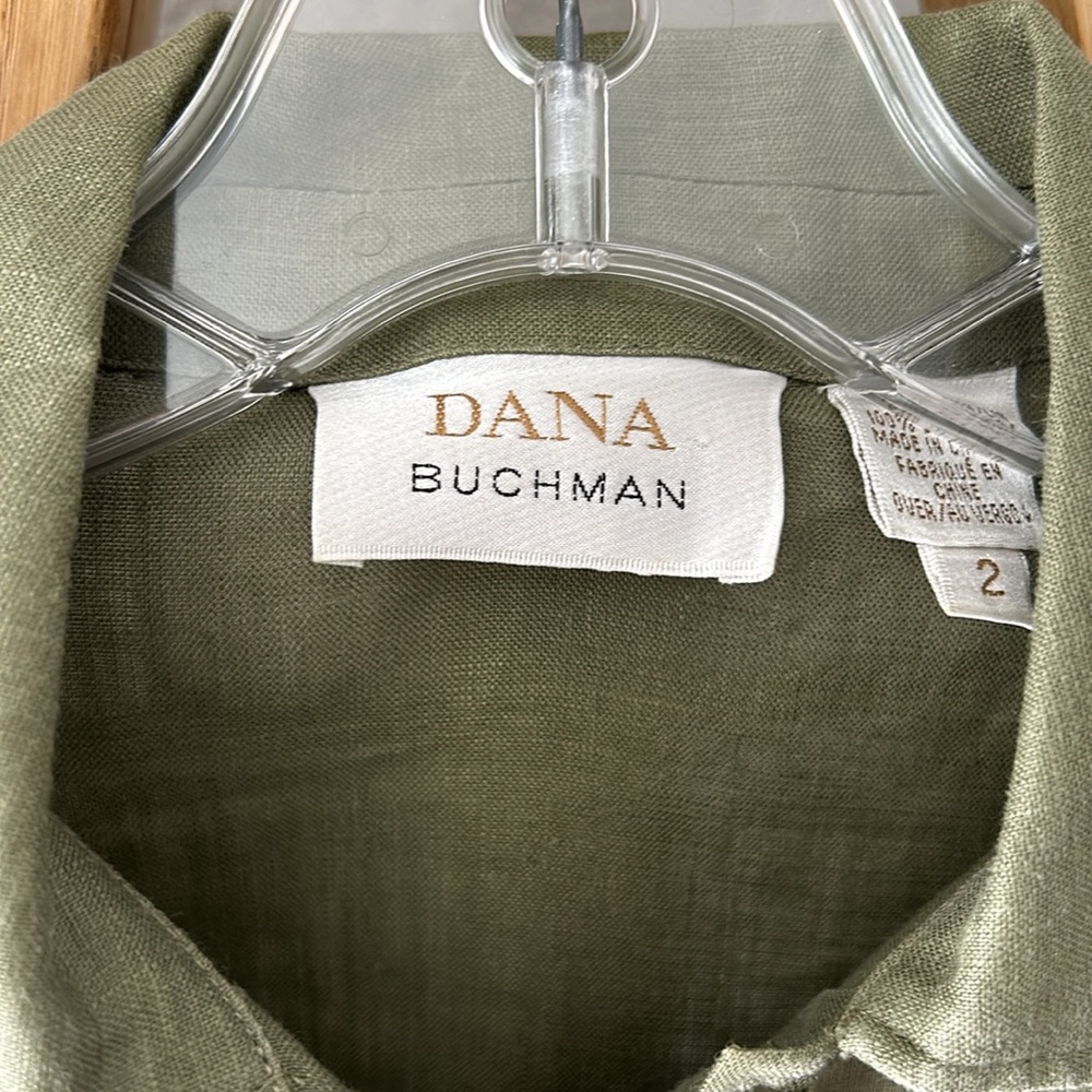 Dana Buchman Olive Green Linen Midi Shirt Dress Roll Tab Sleeve - Picture 2 of 7